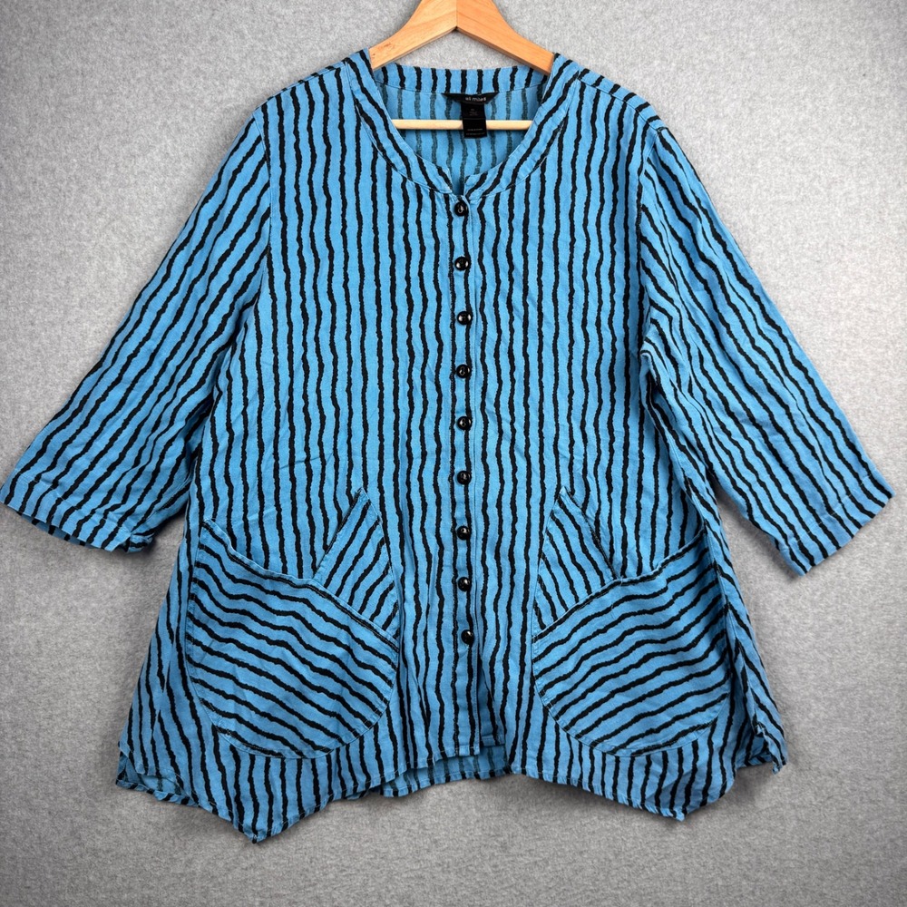 Ali Miles Top Womens XL Blue Striped 100% Linen Tunic Artsy Lagenlook Beachy
